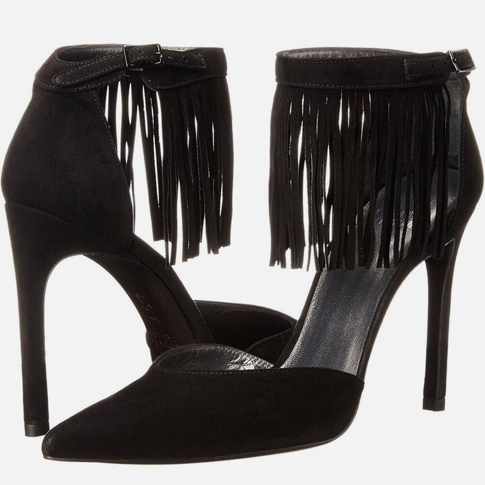 Stuart Weitzman Fringelica Fringe Suede Ankle Strap Pump Black Women Sz 7.5 M